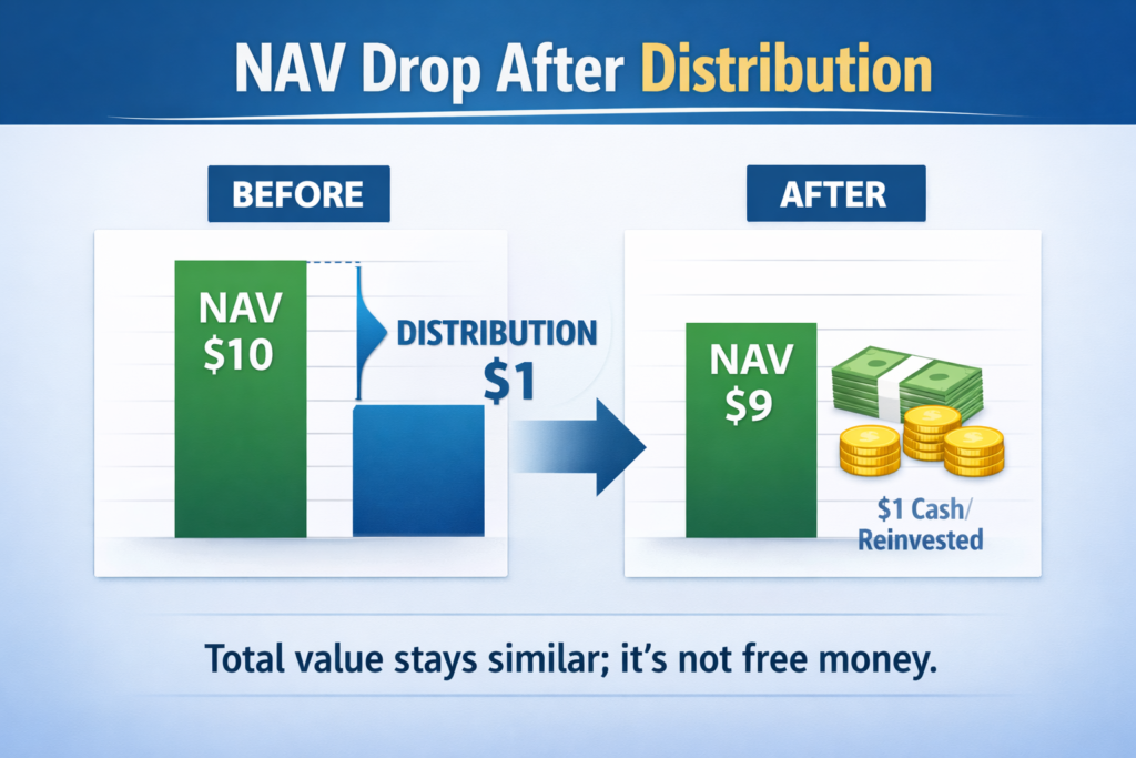 Diagram explaining NAV drop after a mutual fund dividend distribution: NAV $10 before, $1 distribution, NAV $9 after plus $1 cash or reinvested.