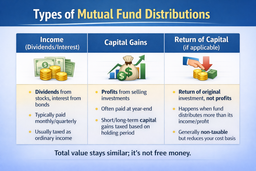 Table-style graphic of types of mutual fund distributions: income dividends/interest, capital gains, and return of capital with short tax notes.